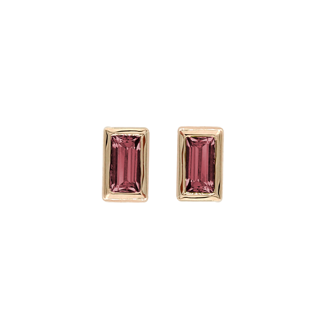 14k Rose Gold and Garnet Baguette Stud Earrings