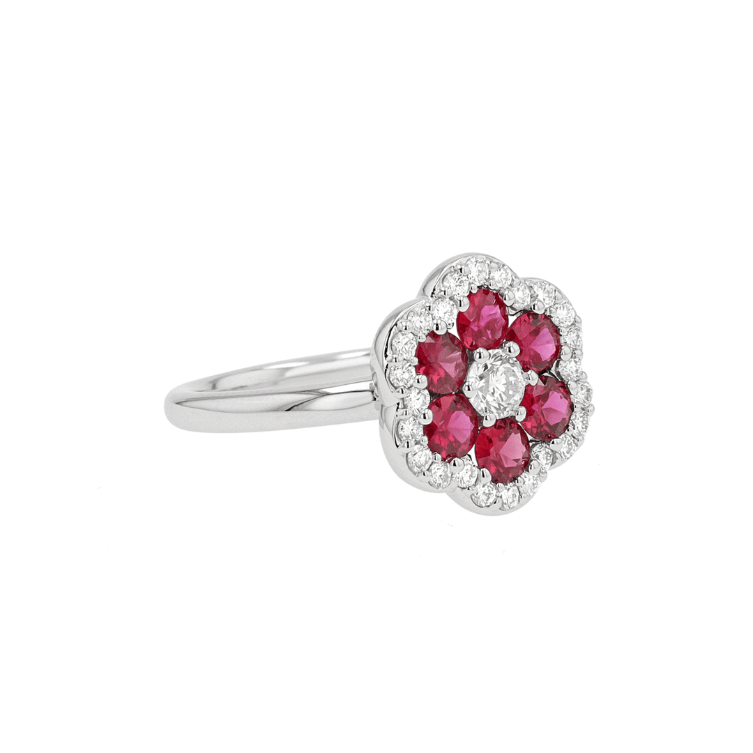 18k White Gold Ruby 1.32 Total Weight and Diamond Flower Halo Ring