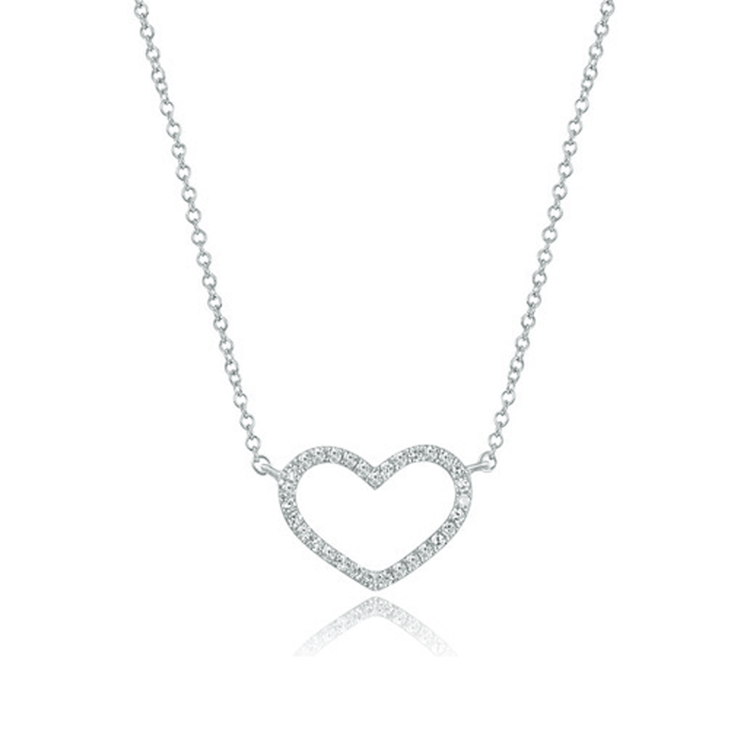 14k White Gold Petite Heart and Diamond .09 Total Weight Necklace