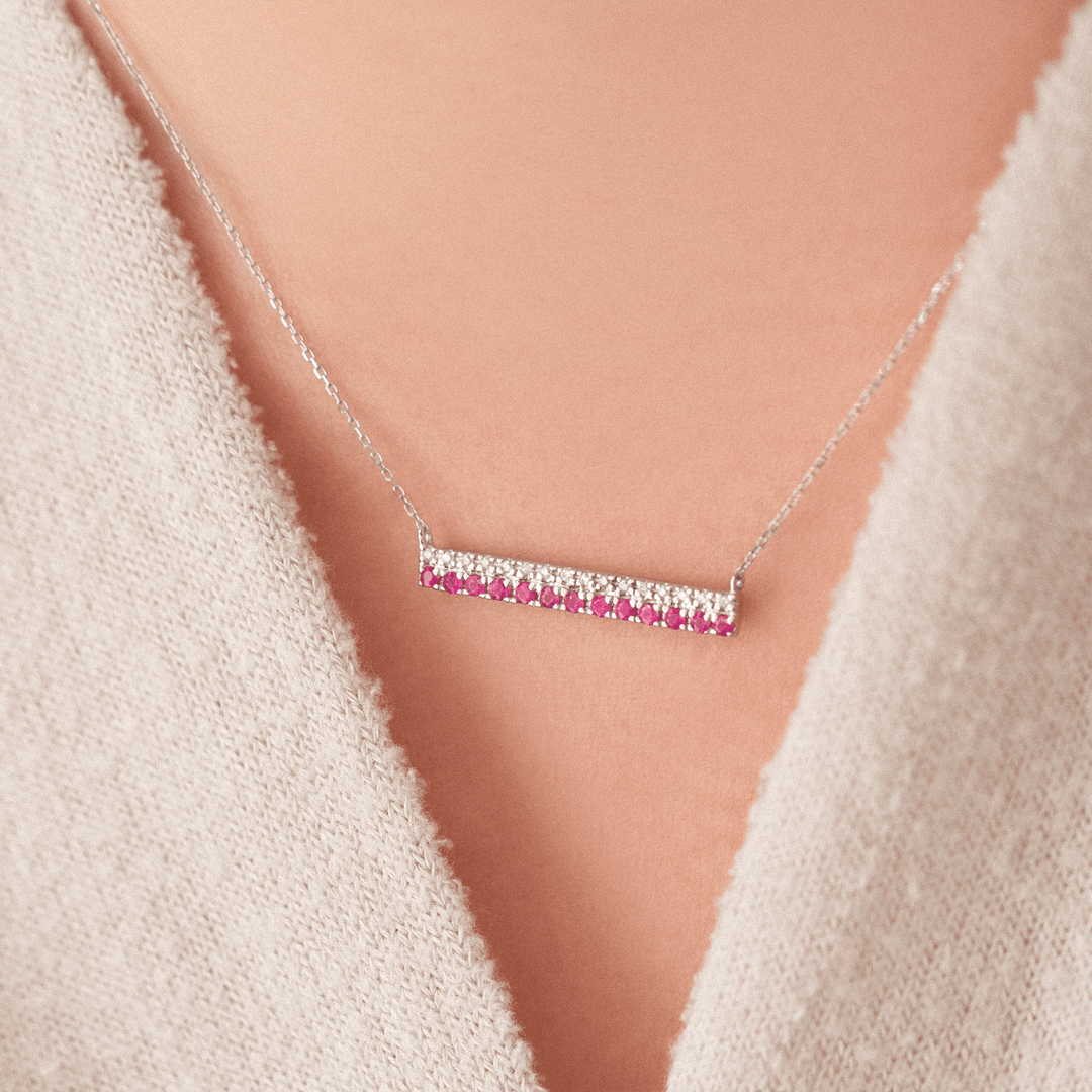 14k White Gold Ruby and Diamond Bar Necklace