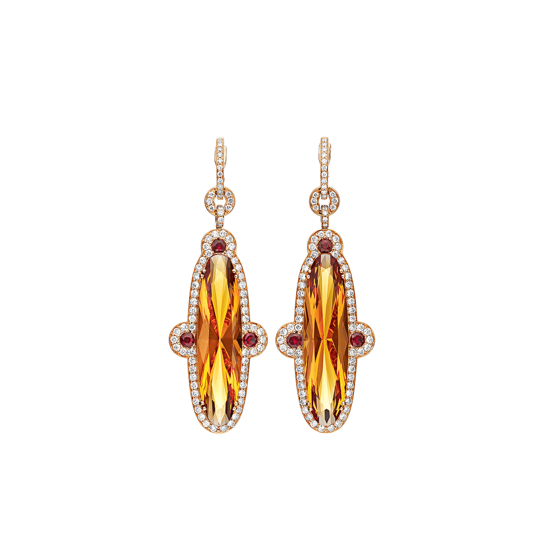 18k Gold Orange Citrine and Diamond Earrings