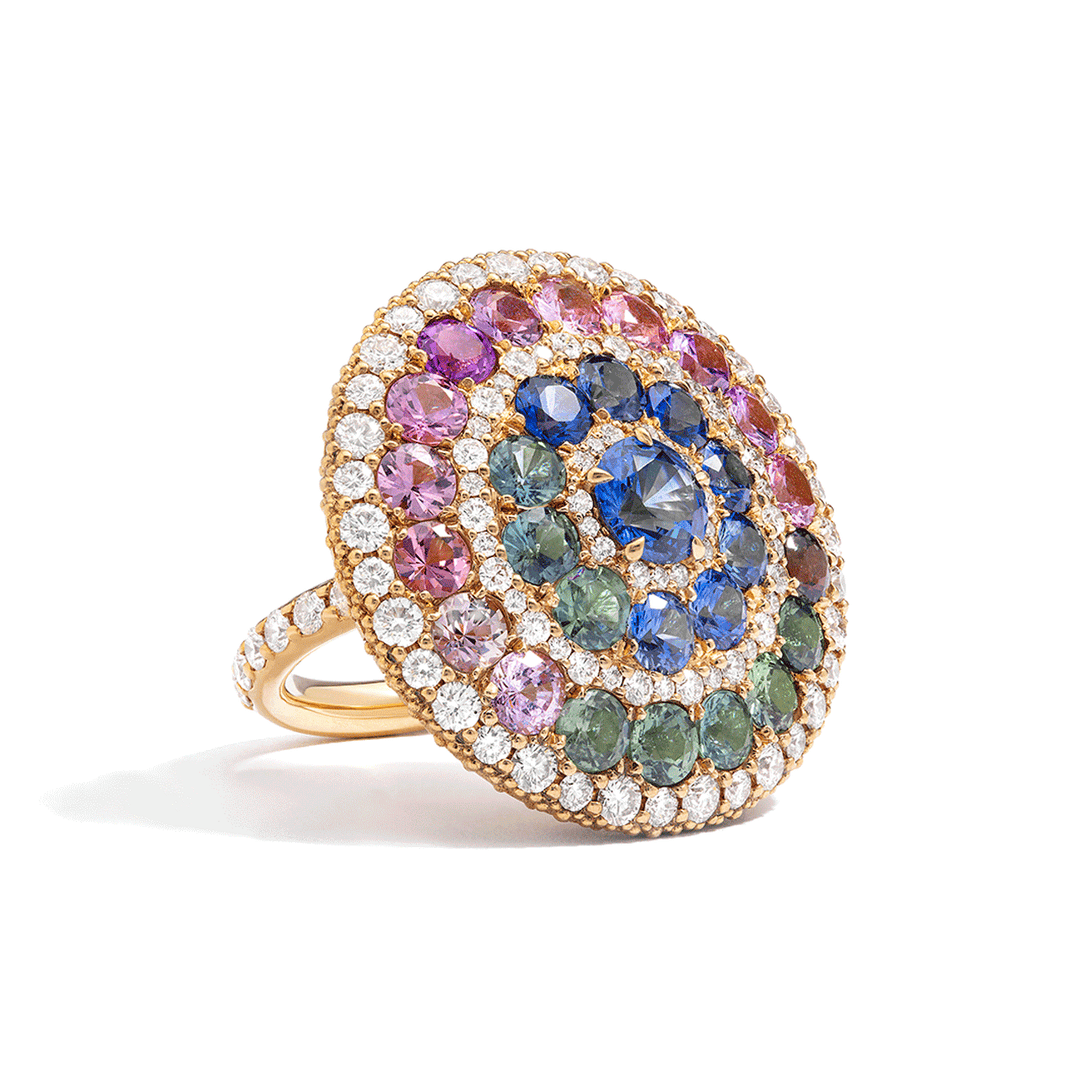 18k Yellow Gold Multi Sapphire 9.80 Total Weight and Diamond Ring