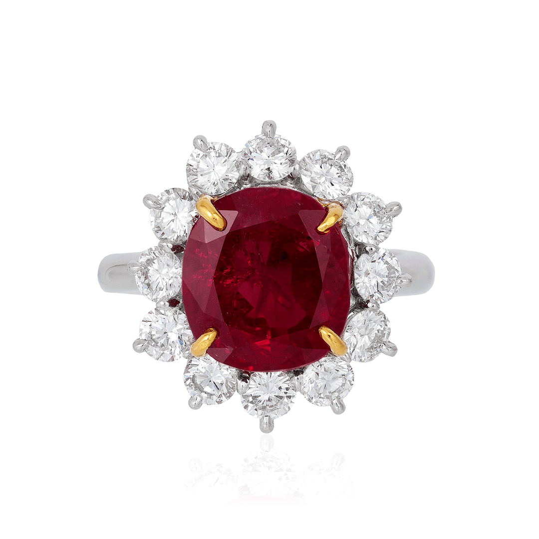 Private Reserve Platinum Ruby 6.03 Total Weight and Diamond Halo Ring