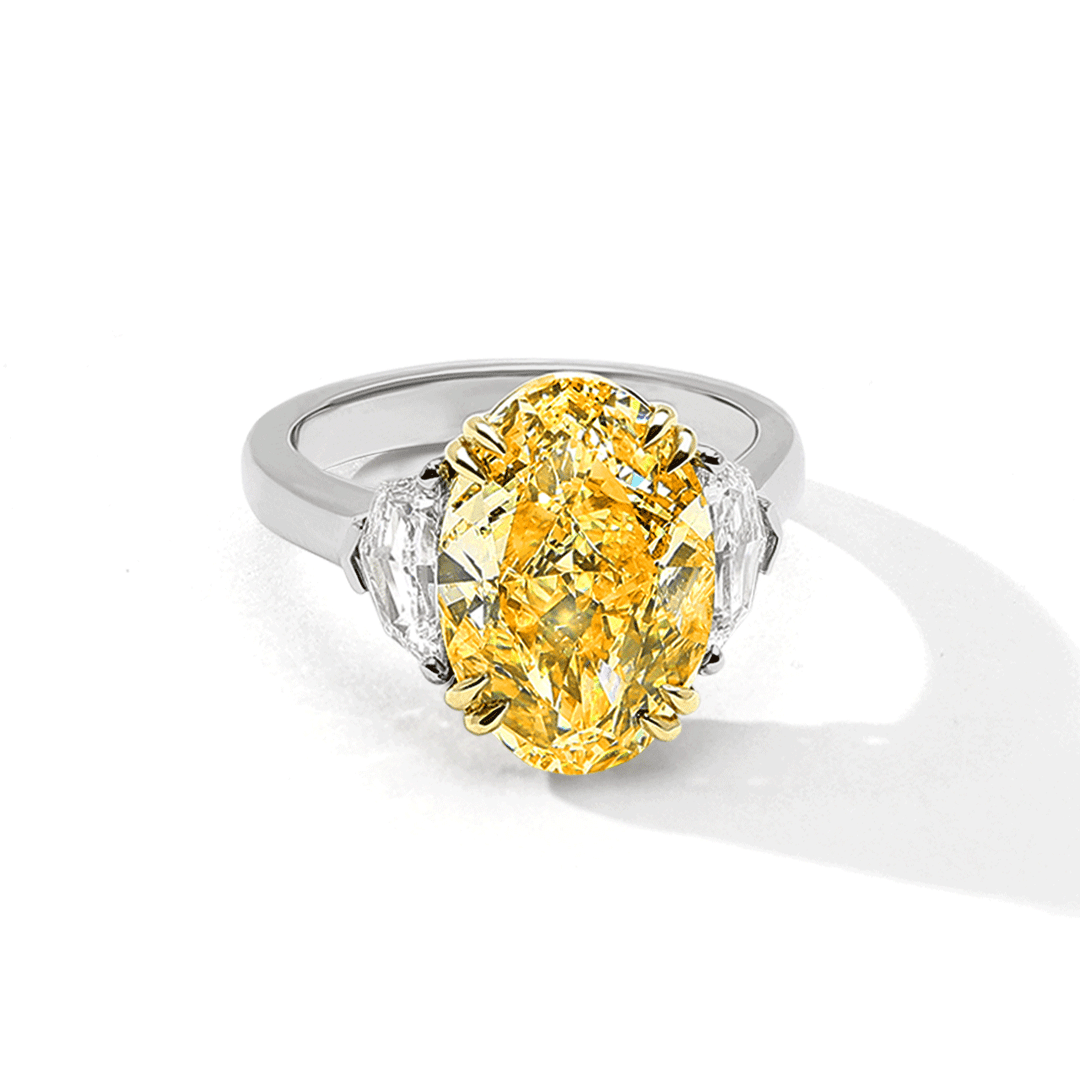 Private Reserve Platinum 18k Gold Fancy Light Yellow Oval 5.02 Total Weight and Diamond Ring