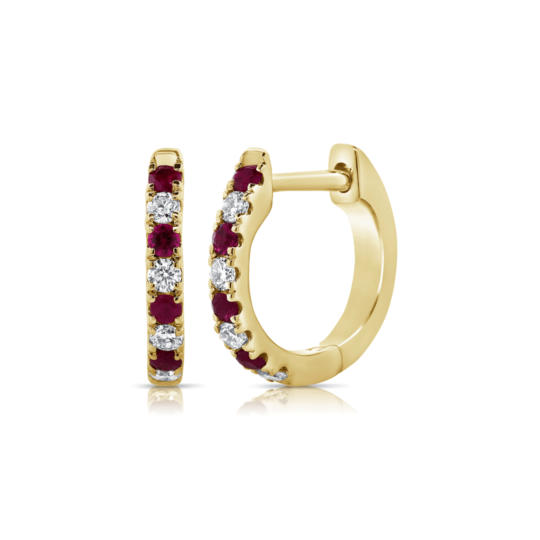 14k Gold Alternating Ruby .12 Total Weight and Diamond Hoops