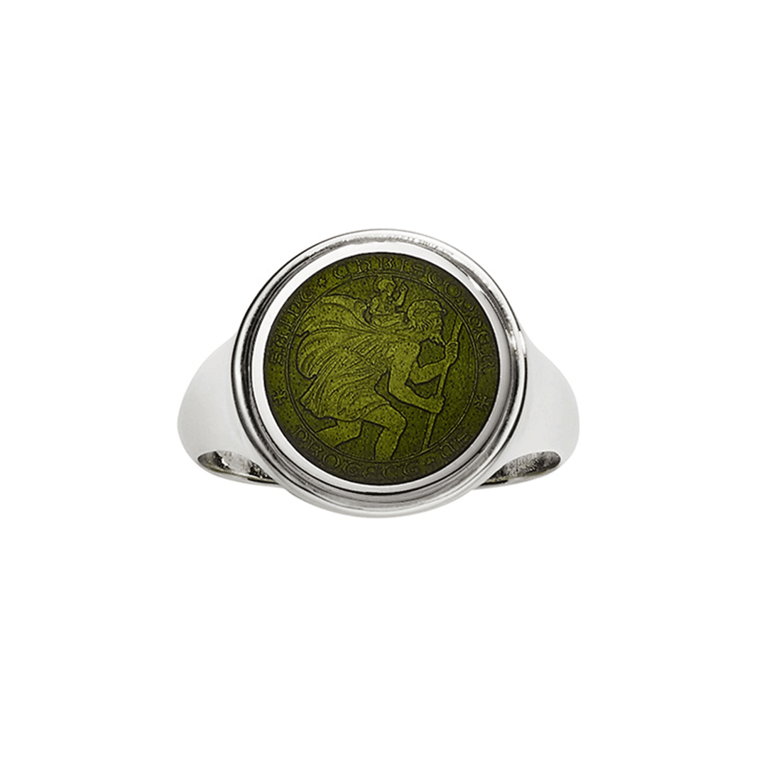 St. Christopher Sterling Silver and Moss Green Ring