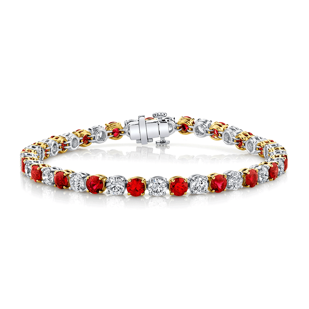 Platinum and 18k Gold Ruby 5.96 Total Weight and Diamond Bracelet