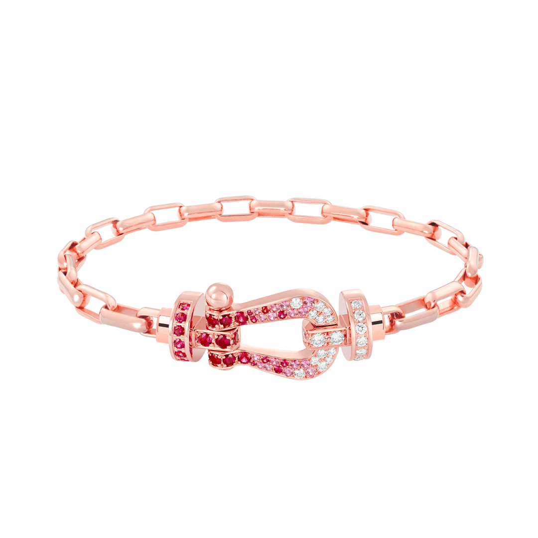 FRED Rose Gold Chain Link Bracelet with 18k Ruby/Saph/Diamond LG Buckle