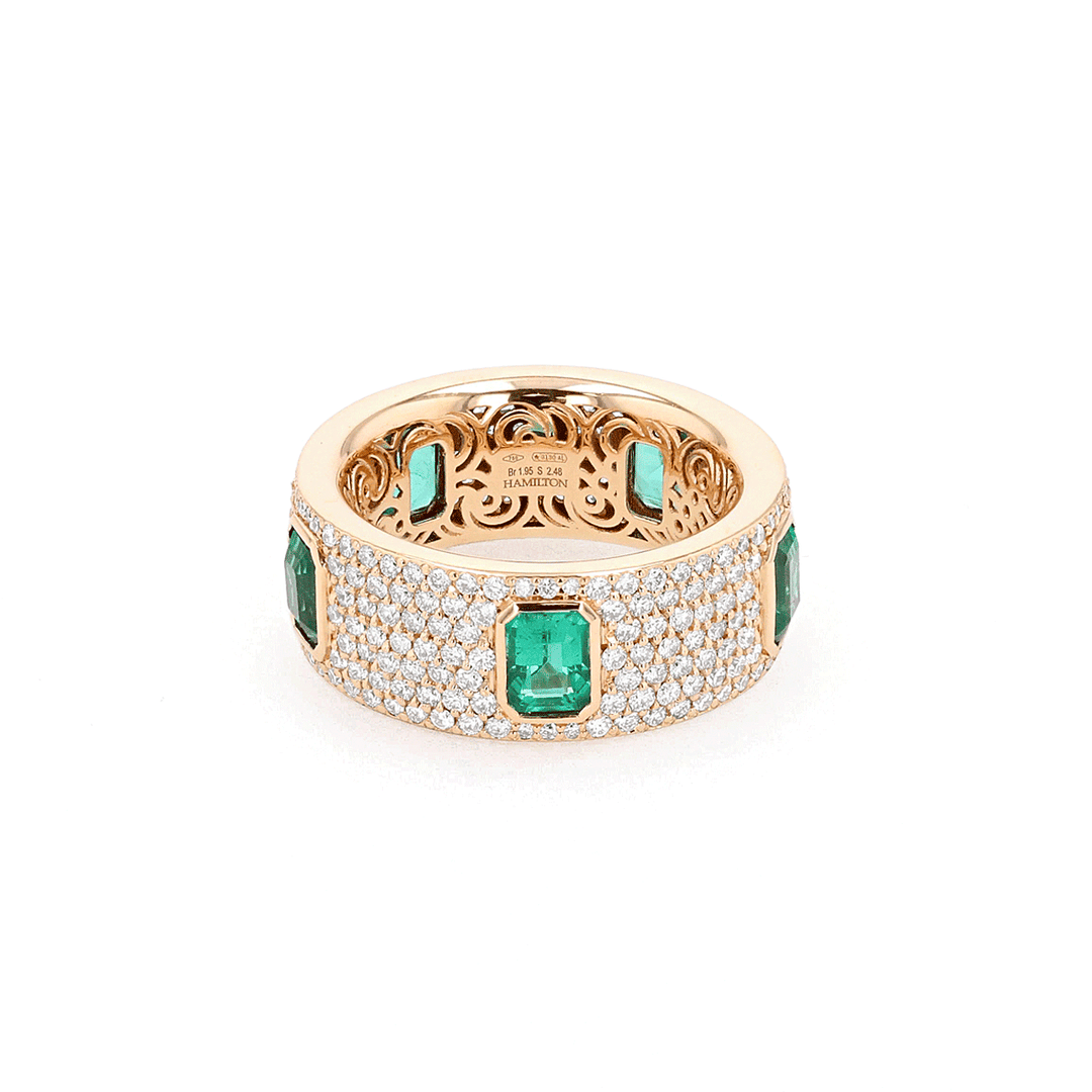 18k Rose Gold Emerald 2.48 Total Weight and Diamond Pave Band