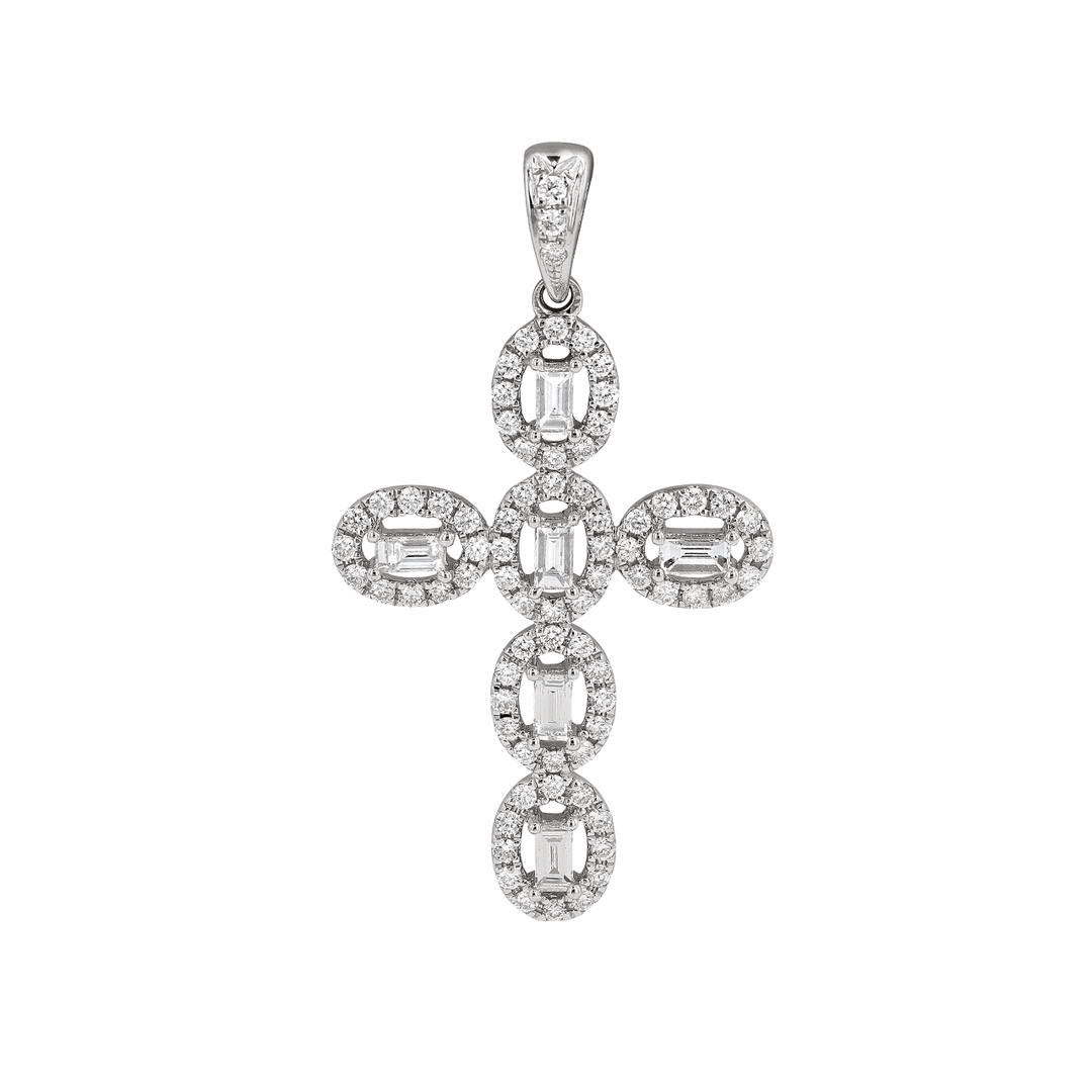 18k Gold Baguette and Round Diamond .63 Total Weight Cross Pendant