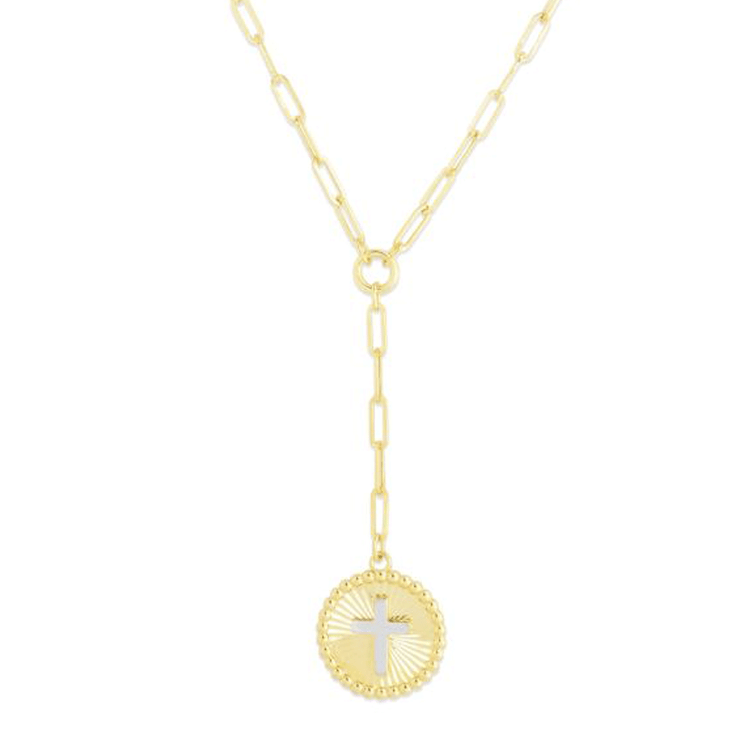 14k Yellow Gold Lariat and Cross Necklace
