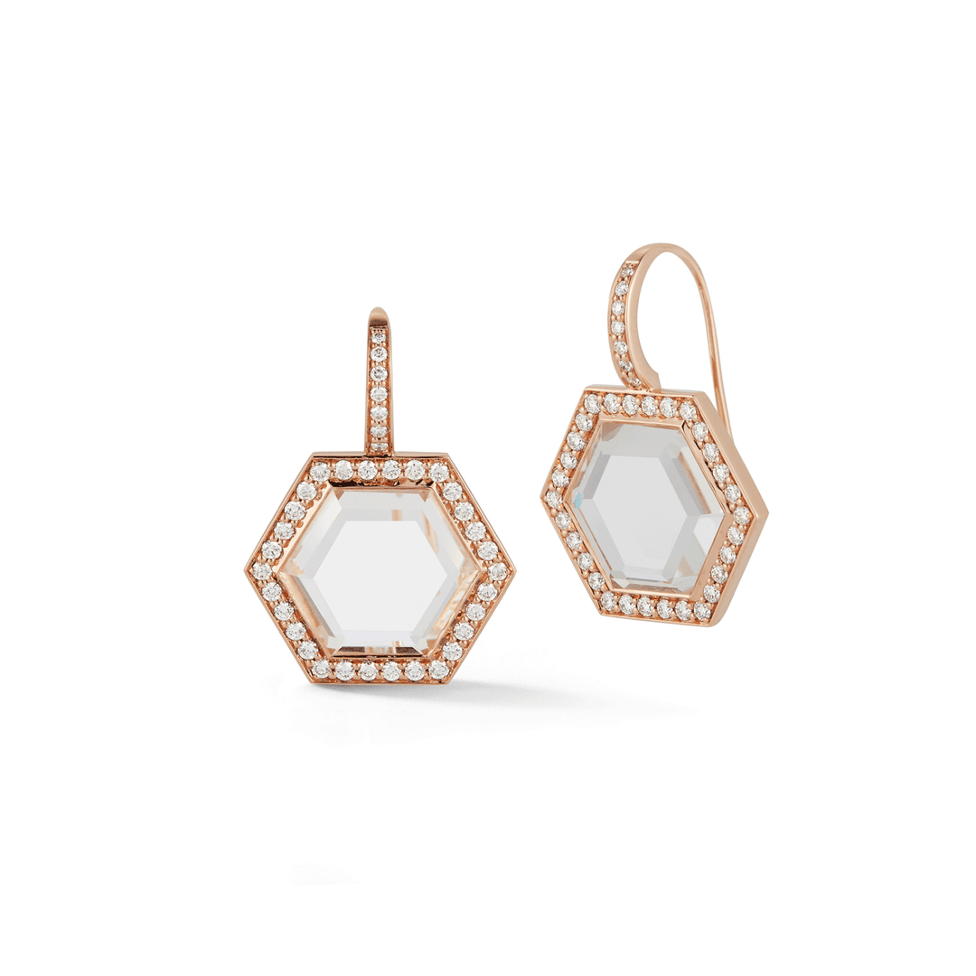 Walters Faith Bell 18k Rose Gold, Rock Crystal, and Diamond Hexagon Drop Earring