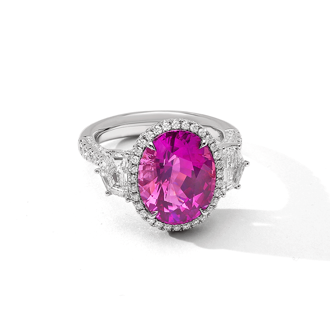 Private Reserve 18k Gold Pink Sapphire 7.39 Total Weight and Diamond Ring