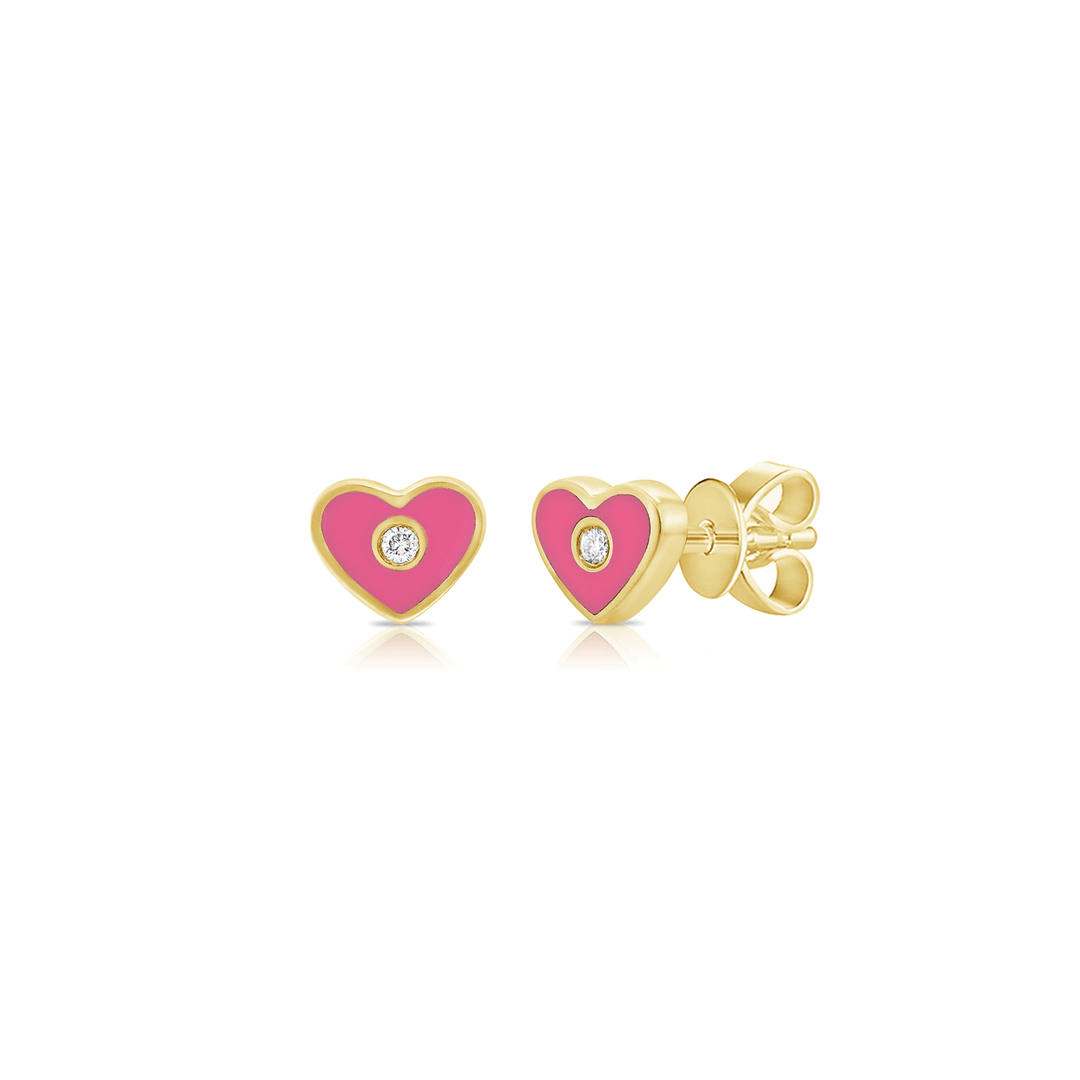 14k Yellow Gold and Pink Enamel Heart Stud Earrings