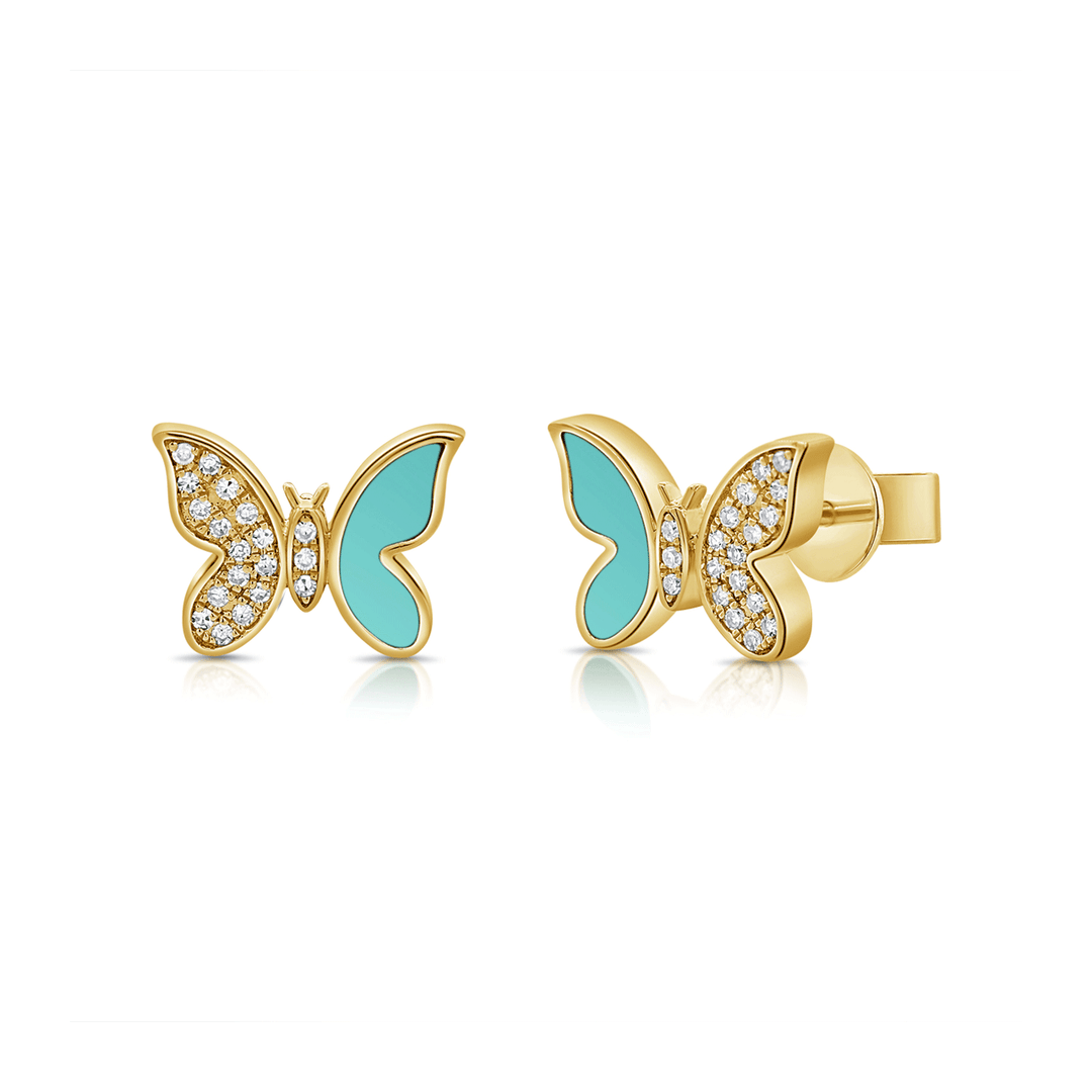 14k Yellow Gold Butterfly Turquoise and Diamond Stud Earrings