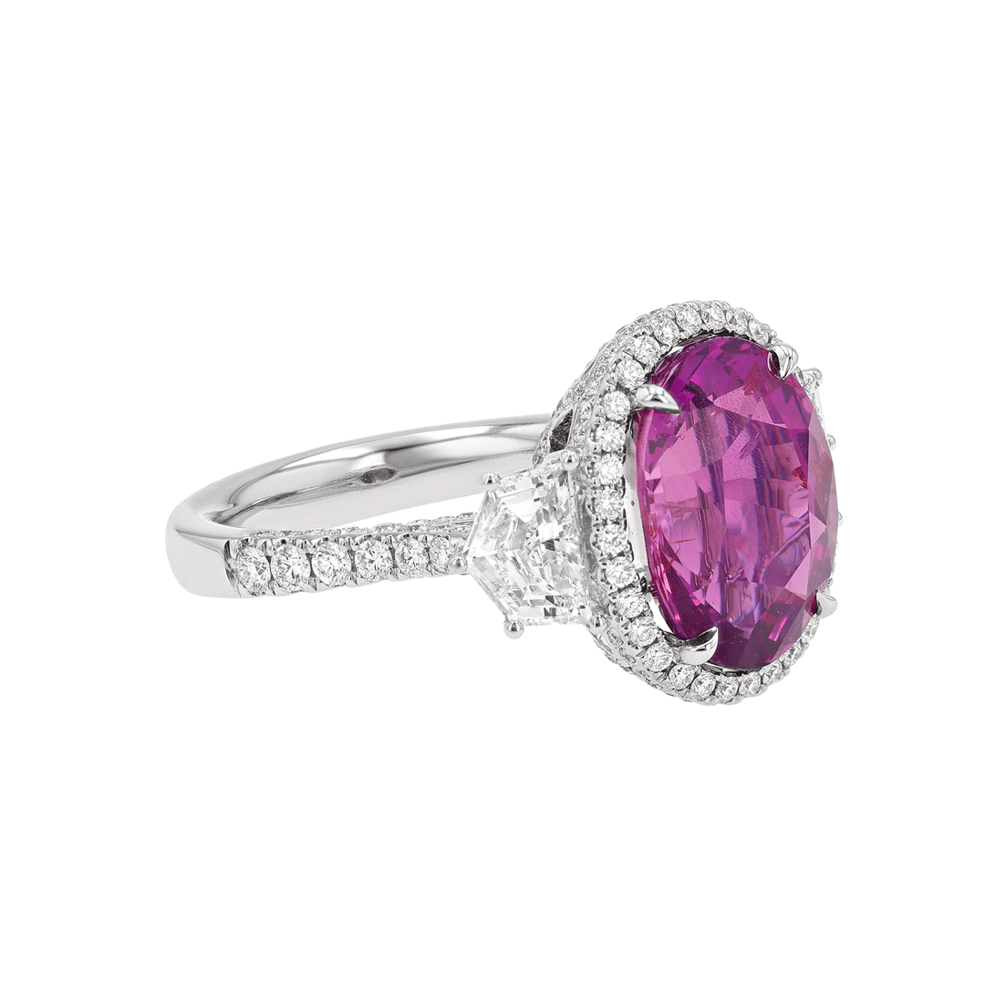 Private Reserve 18k Gold Pink Sapphire 7.39 Total Weight and Diamond Ring