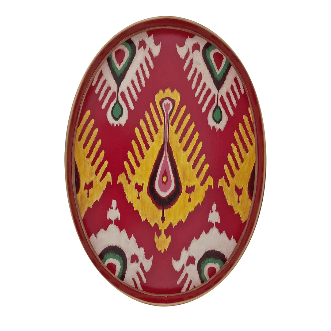 Handpainted Red Oval Ikat Iron Tray