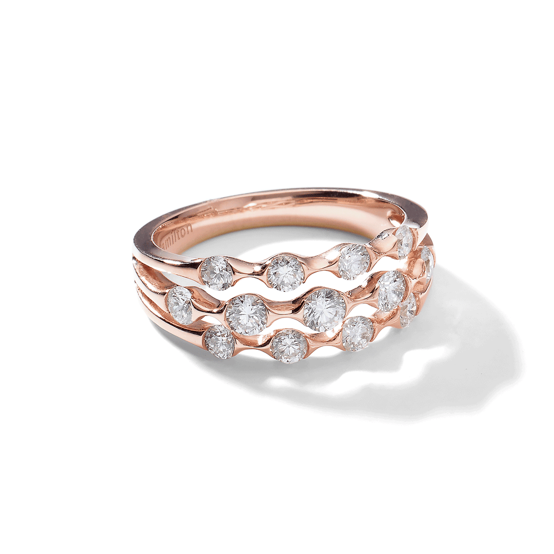 Wave 18k Rose Gold Three Row Diamond 1.00 Total Weight Ring