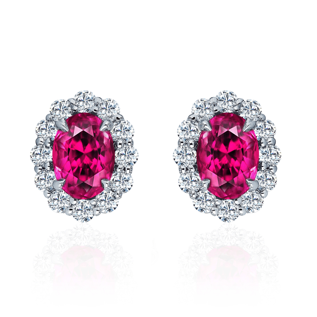 14k Gold 2.15 Total Weight Oval Ruby and Diamond Halo Studs