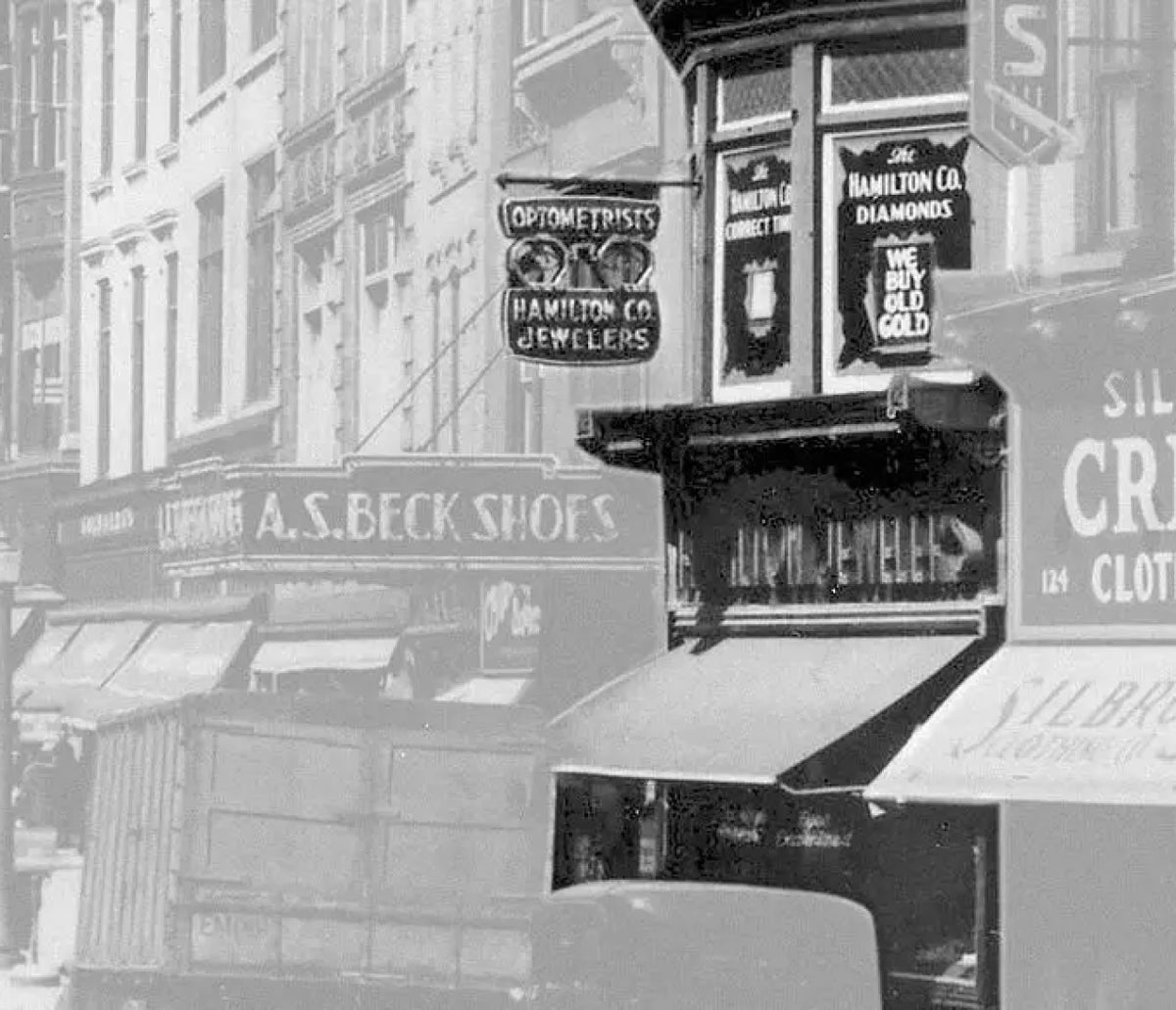 Archival black-and-white photo of the Hamilton Jewelers storefront
