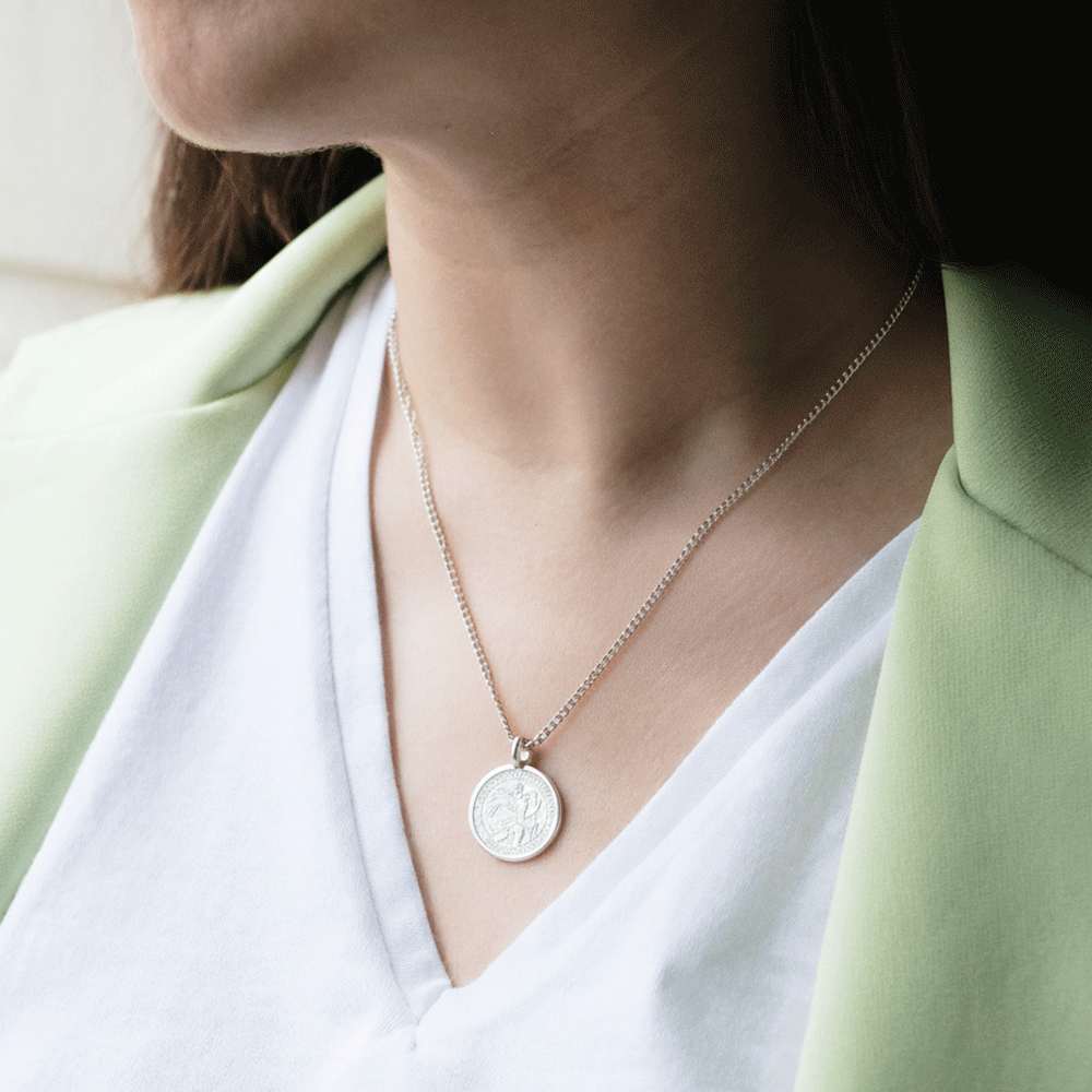 St. Christopher White Enamel Medal with Chain