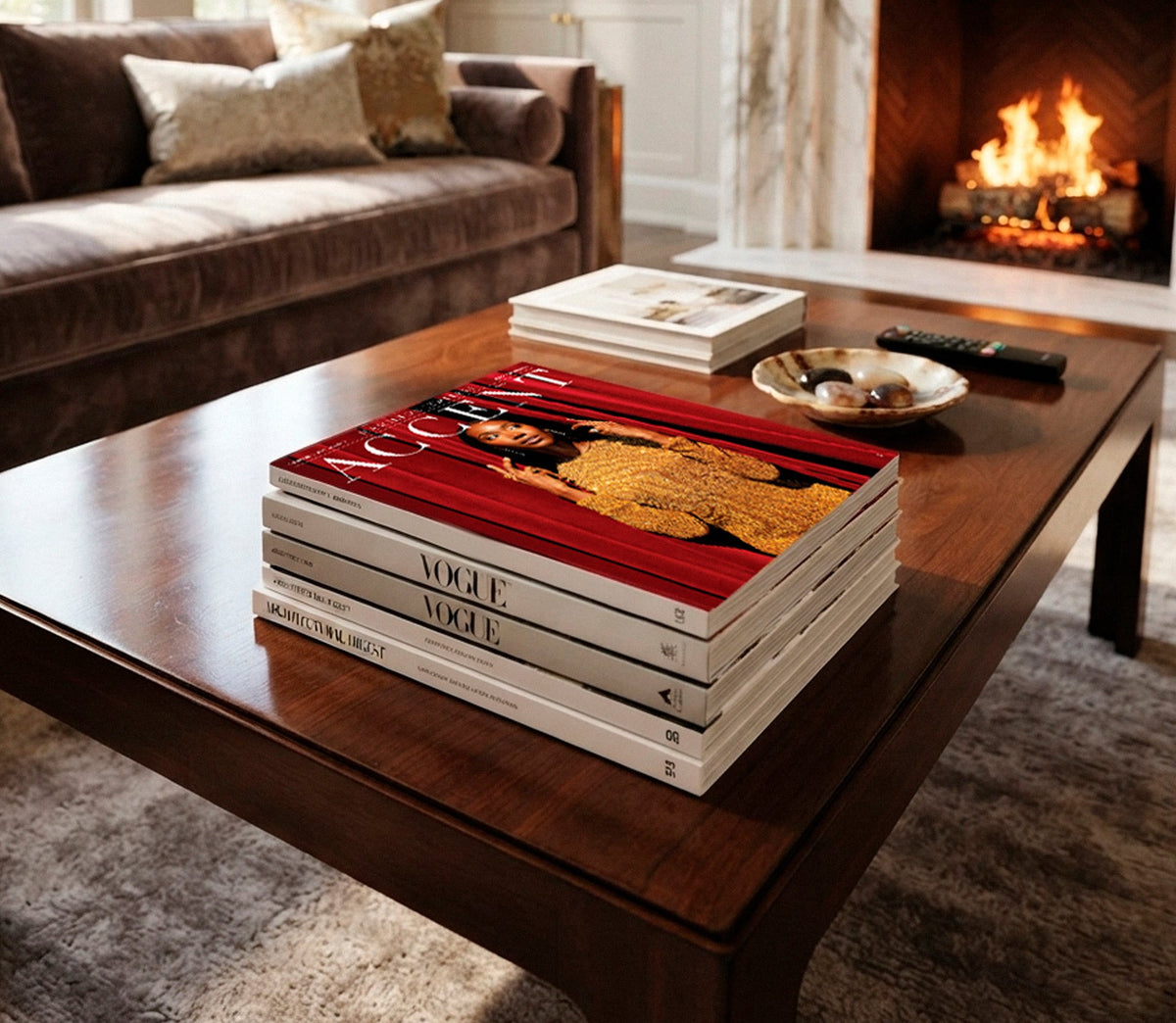 Accent magazine by Hamilton Jewelers on a coffee table beside a fireplace