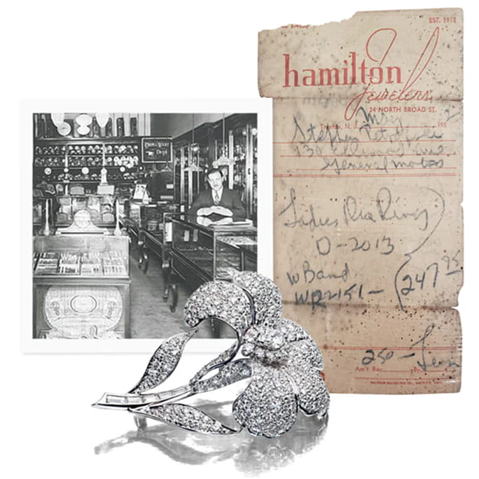 Hamilton Jewelers archival ledger and store photo with a diamond bird brooch