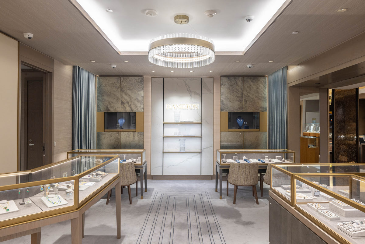 Jewelry showcases in the Hamilton Jewelers Princeton salon