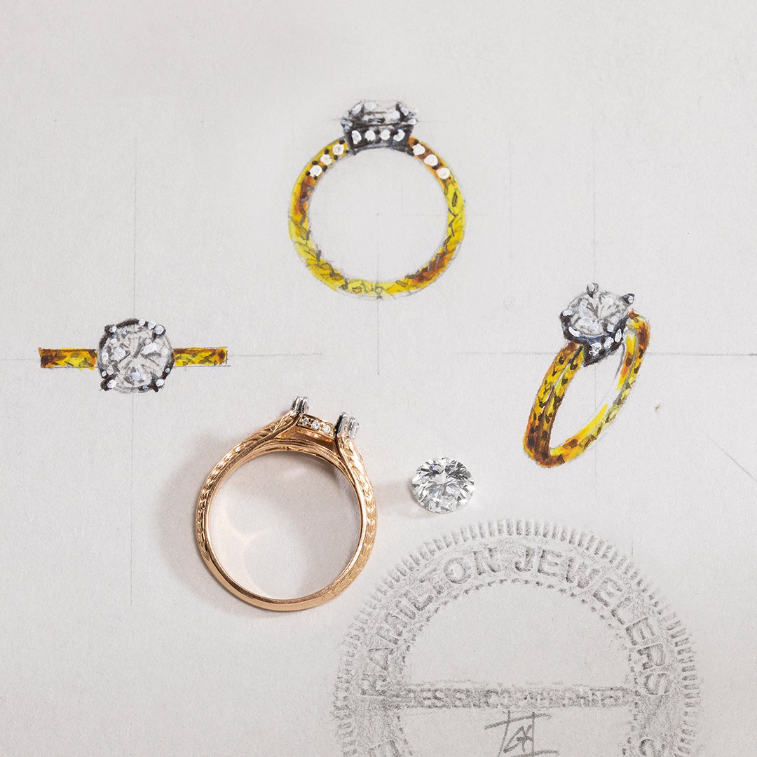 Hand-drawn engagement ring design sketches with a loose diamond