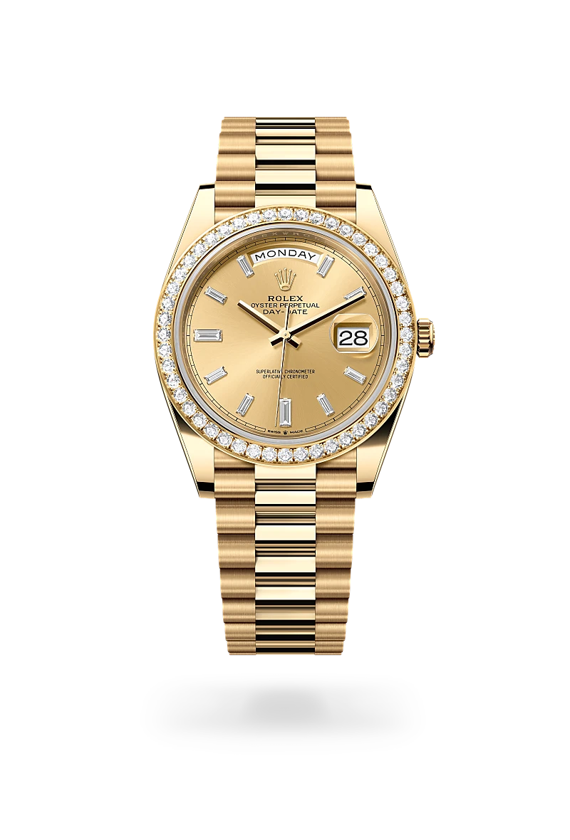 Rolex Day-Date 40 in Oyster, 40 mm, yellow gold and diamonds