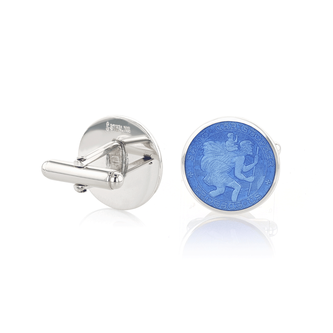Sterling Silver and Royal Blue Enamel St. Christopher Cufflinks