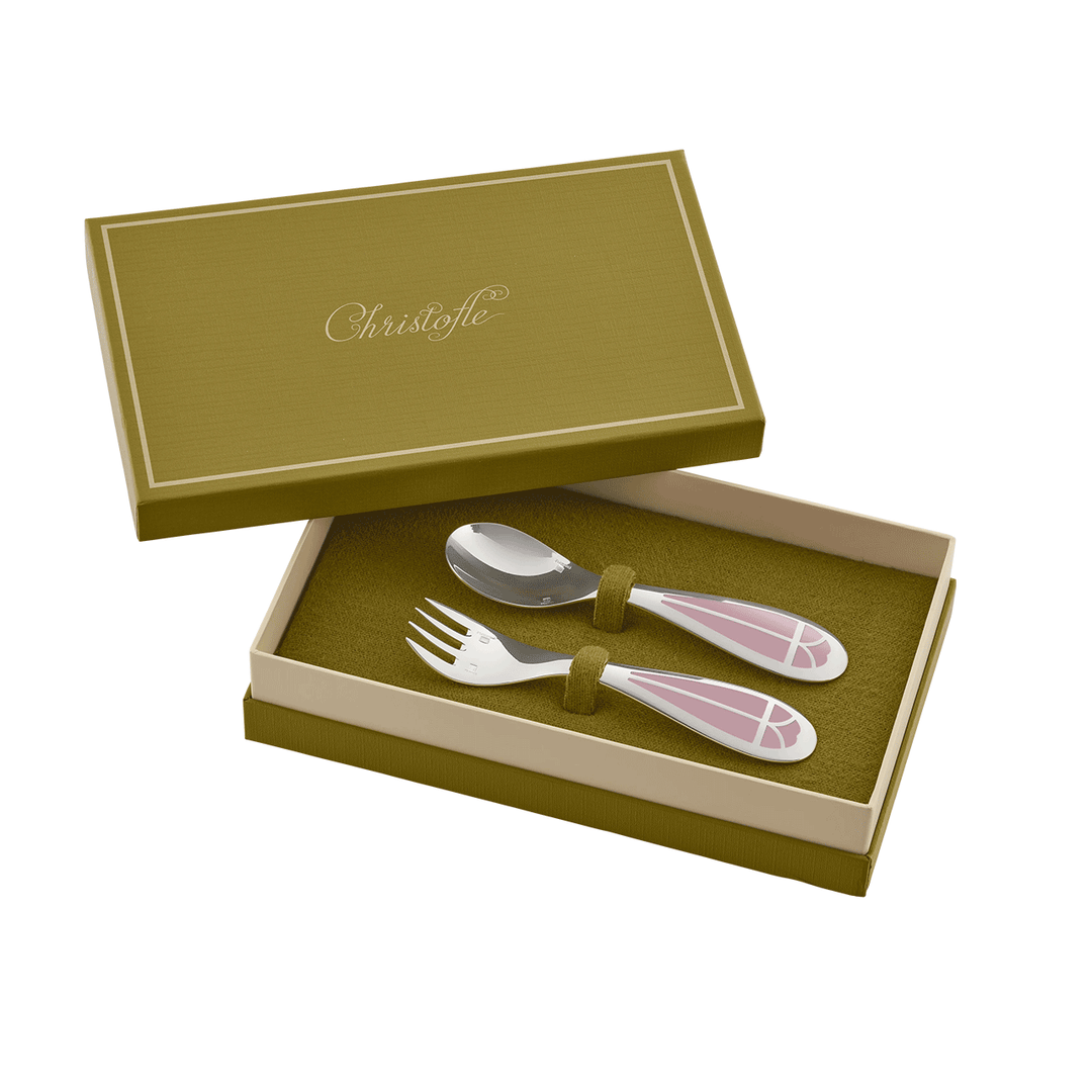 Christofle Talisman Silver-Plated Baby Spoon & Fork Set - Rose Quartz