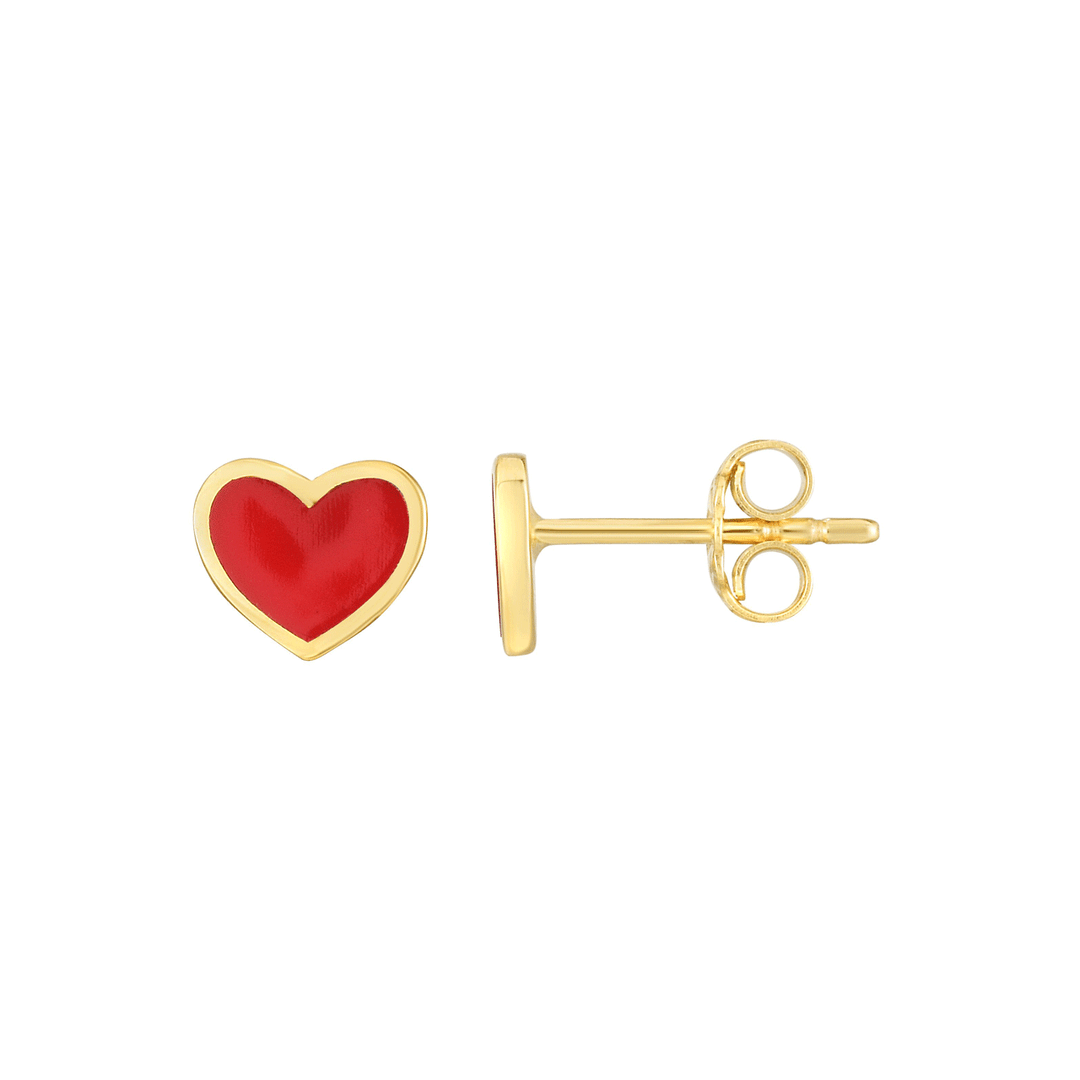 14k Yellow Gold and Red Enamel Mini Heart Studs