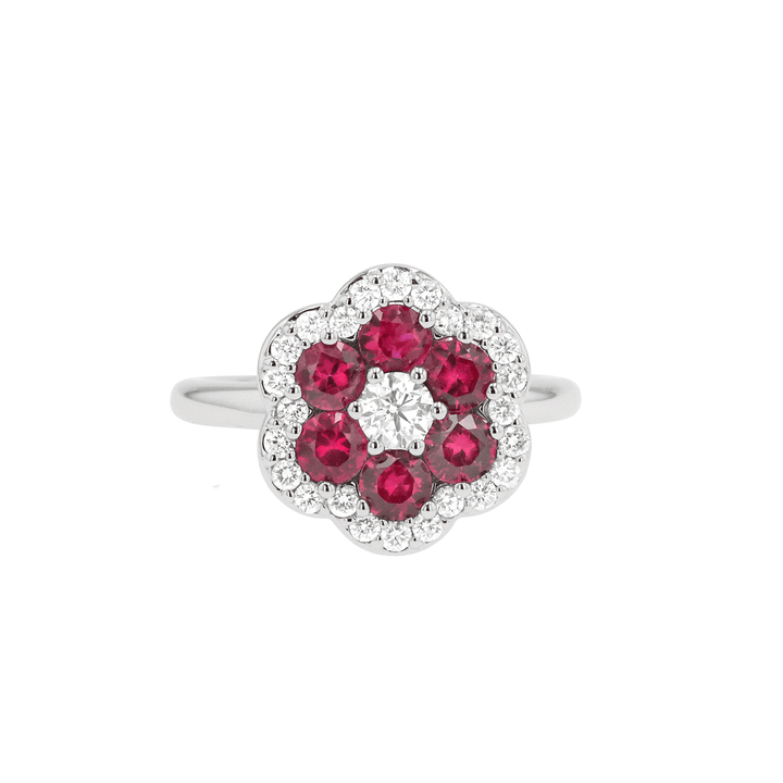 18k White Gold Ruby 1.32 Total Weight and Diamond Flower Halo Ring