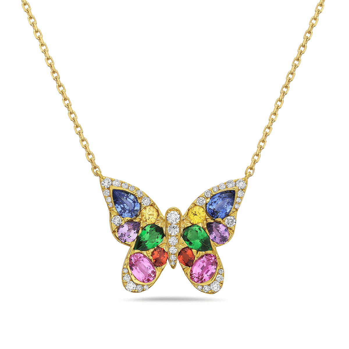 Charles Krypell 18k Yellow Gold and 4.21 Total Weight Sapphire Tsavorites Diamond Butterfly Pendant