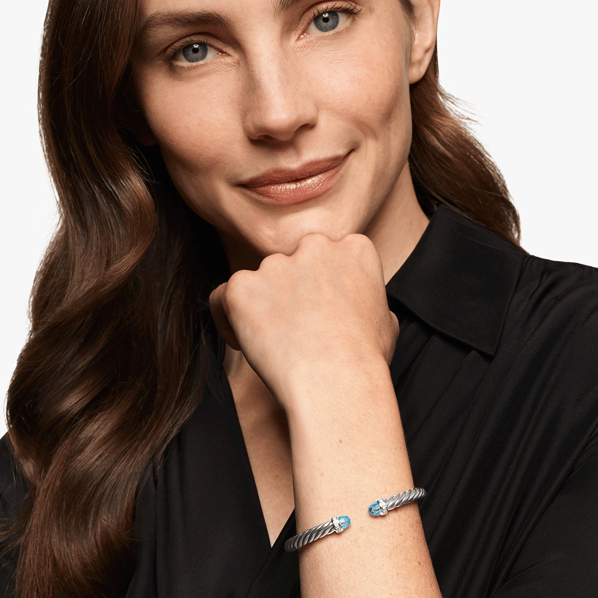 David Yurman Cable Flex Bracelet Sterling Silver with Blue Topaz and Diamonds, 6mm