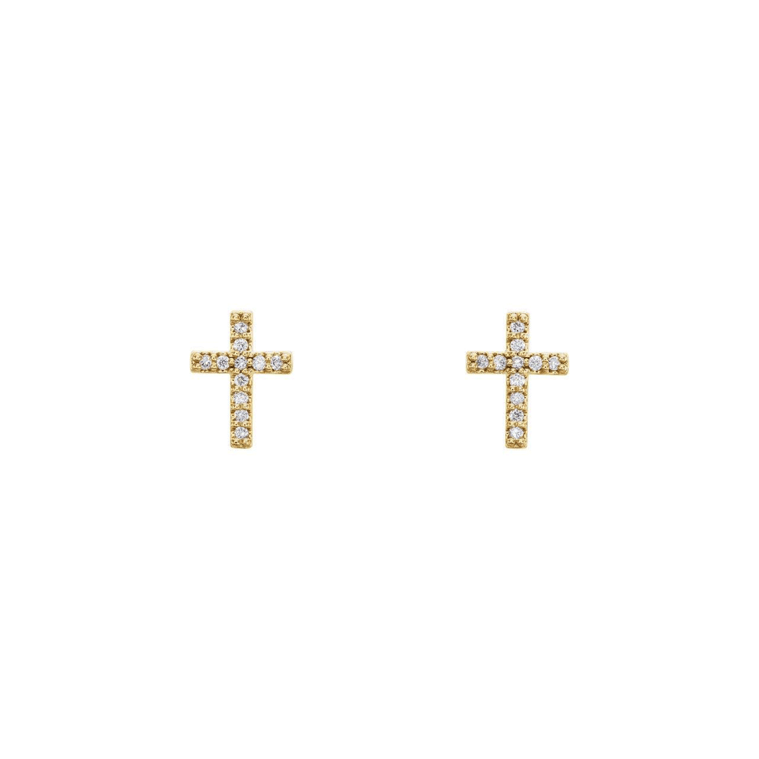 14k Gold and Diamond .05 Total Weight Mini Cross Studs