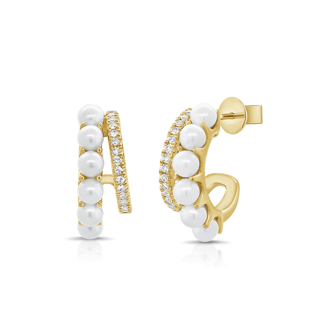 14k Yellow Gold and 0.14 Total Weight Diamond Pearl Huggies