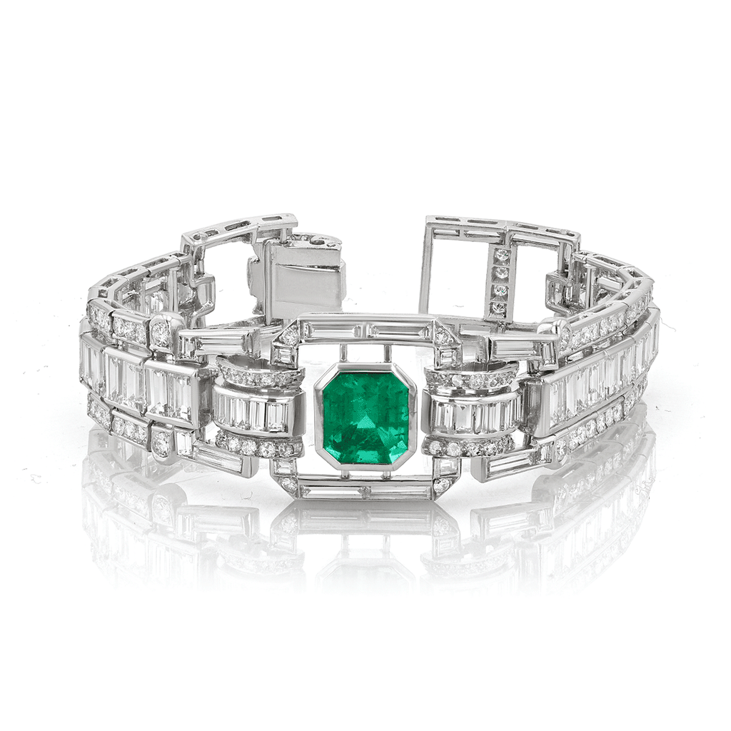 Platinum Emerald Cut Emerald and Diamond Art Deco Style Bracelet