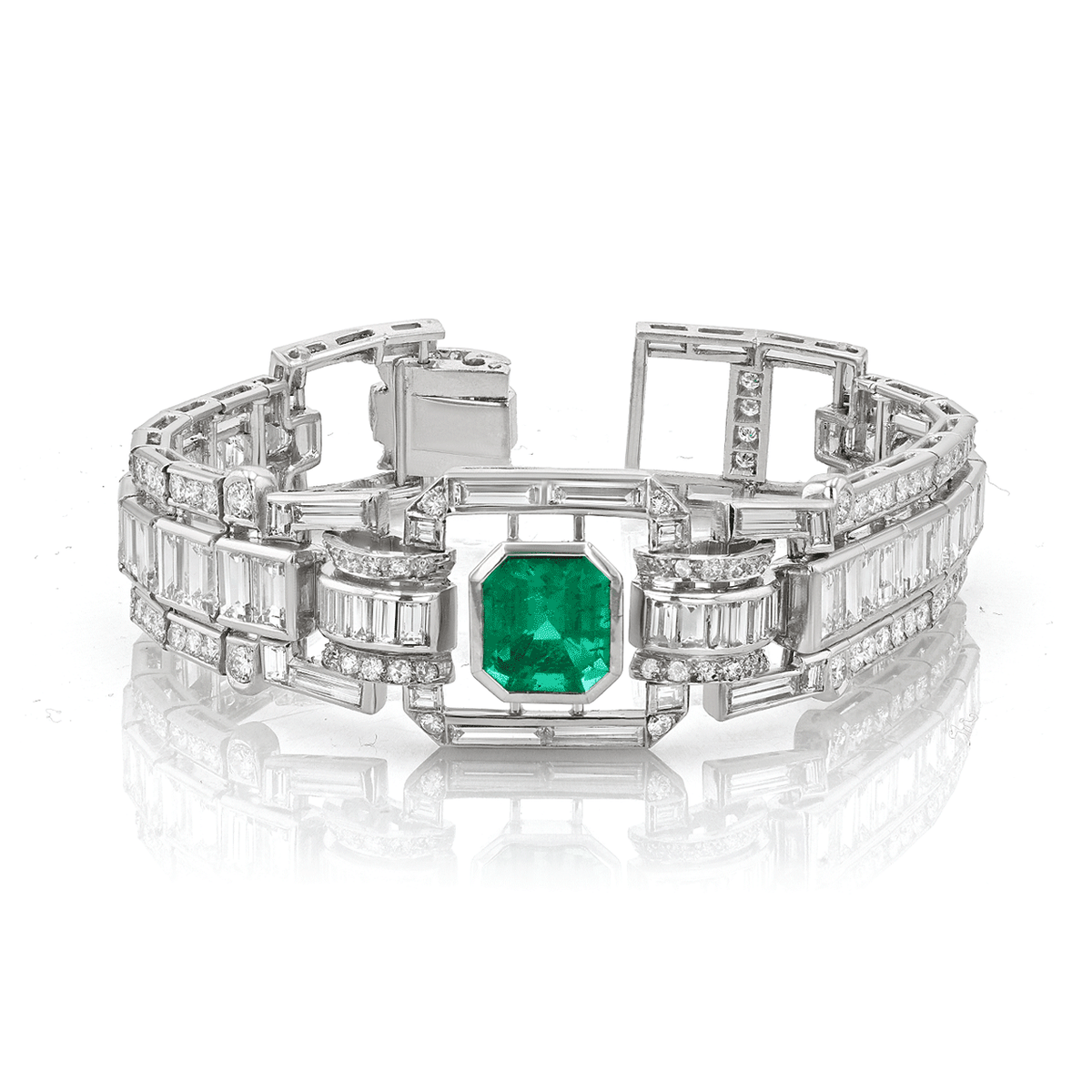Platinum Emerald Cut Emerald and Diamond Art Deco Style Bracelet