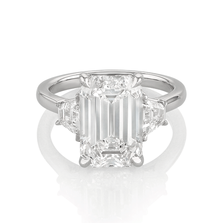 Hamilton Origin Platinum and 5.12 Total Weight Emerald Cut Diamond Engagement Three Stone Ring