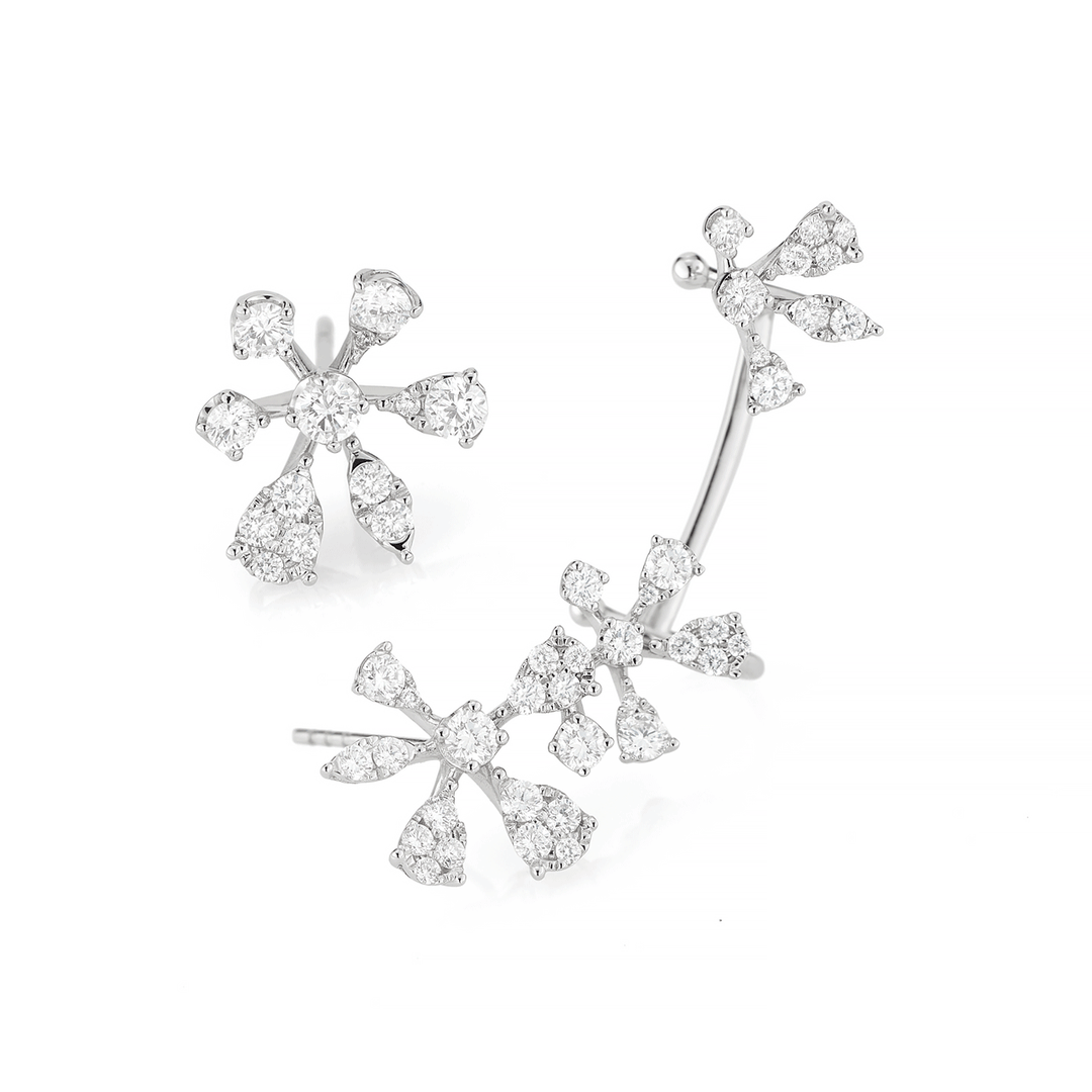 14k Gold and Diamond 1.25 Total Weight Flower Ear Climbers