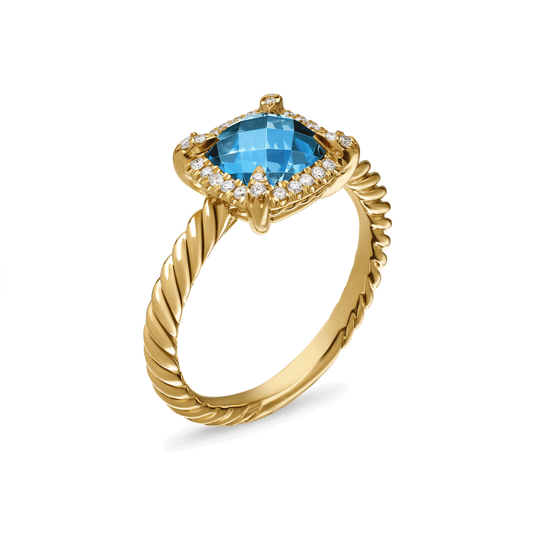 David Yurman Petite Chatelaine® Pavé Bezel Ring 18K Yellow Gold with Hampton Blue Topaz and Diamonds, 7mm