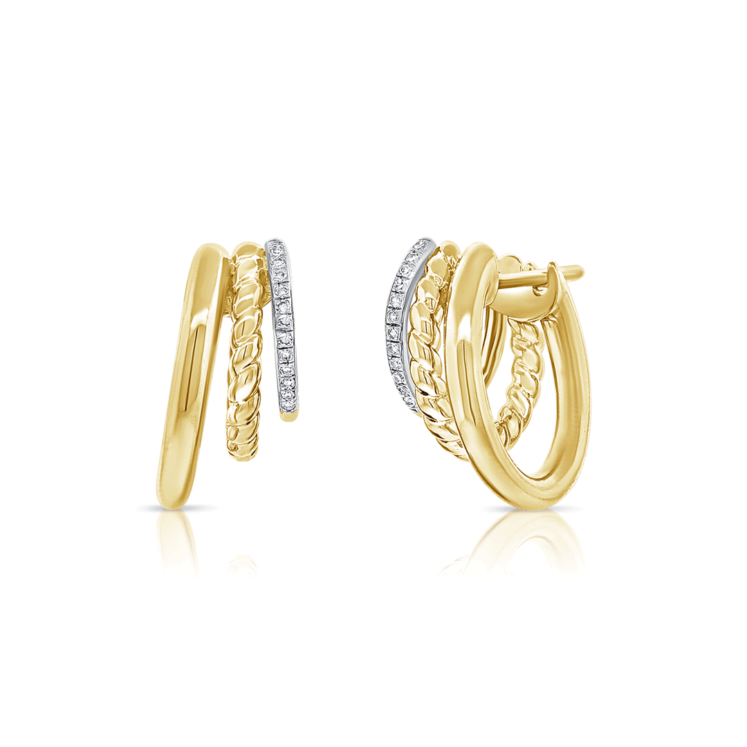 14k Yellow Gold and 0.07 Total Weight Diamond Three Row Huggies