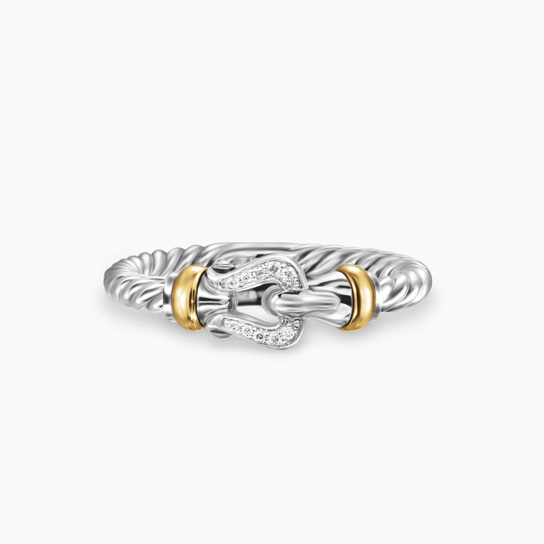 David Yurman  Petite Buckle Ring Sterling Silver with 18k Yellow Gold and Diamonds, 2mm