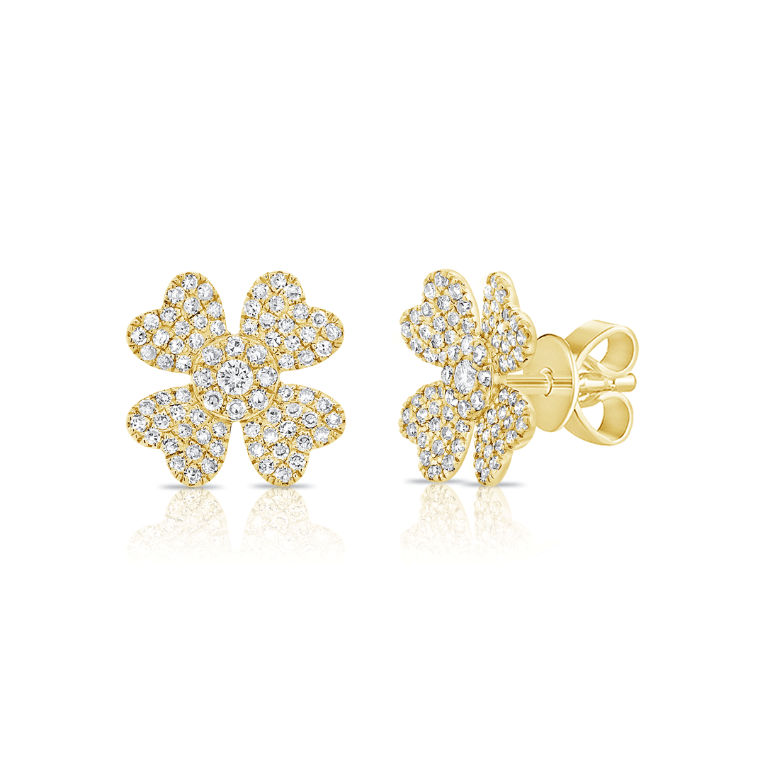 14k Yellow Gold and .40 Total Weight Diamond Flower Earrings