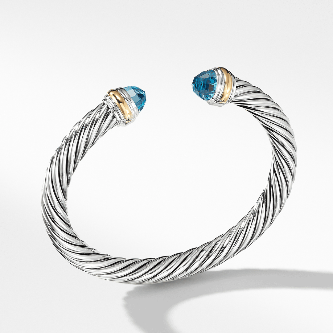 David Yurman Classic Cable Bracelet Sterling Silver with 14k Yellow Gold and Blue Topaz, 7mm