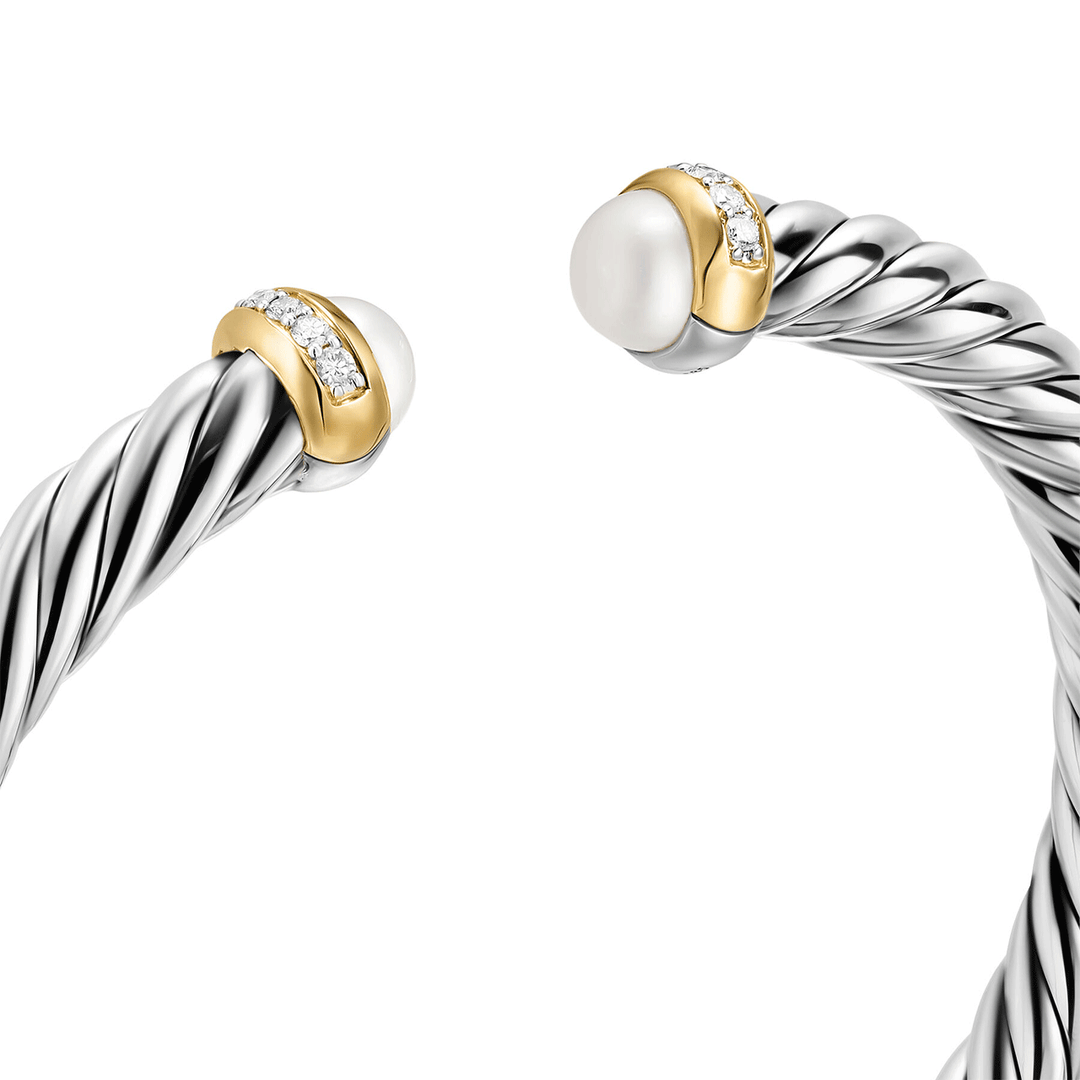 David Yurman Sterling Silver with 14K Yellow Gold, Pearls and Diamonds, 6mm Cable Flex® Bracelet