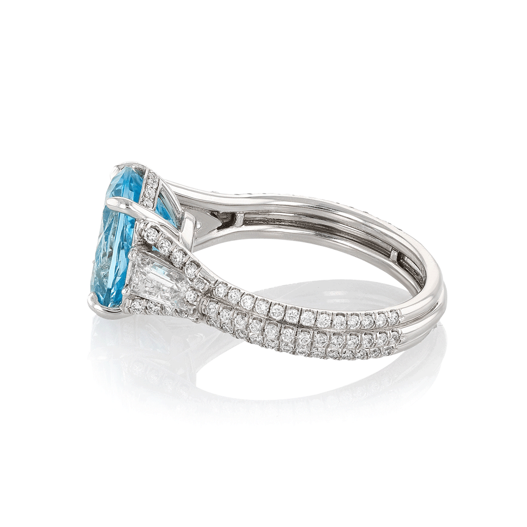 Platinum Oval Aquamarine 3.22 Total Weight and Diamond Ring