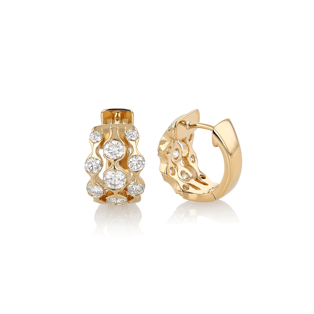 Wave Three Row 18k Yellow Gold and 1.20 Total Weight Diamond Huggie Earrings